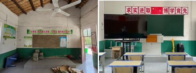 （图）装修前的教室（左）；崭新的索尼“梦想教室”(右)