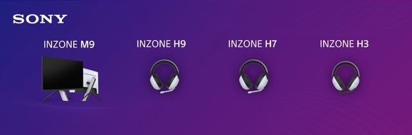 INZONE 4K高端电竞显示器M9（左一）、旗舰降噪无线电竞耳机H9（左二）、高端无线电竞耳机H7（右二）、性能之选电竞耳机H3（右一）