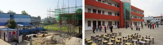 五年前在建的黄湖小学<左>                            现在建成的学校外观<右>
