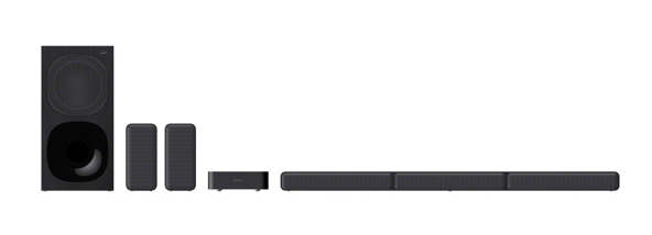 HT-S40R 5.1声道实体环绕回音壁（从左至右依次是：低音炮、后置环绕音响、后置无线接收器、前置条形音响）