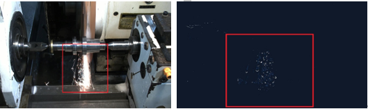 成像示例2：金属切割过程中的火花检测（左：基于帧的图像，右：变化监测传感）
