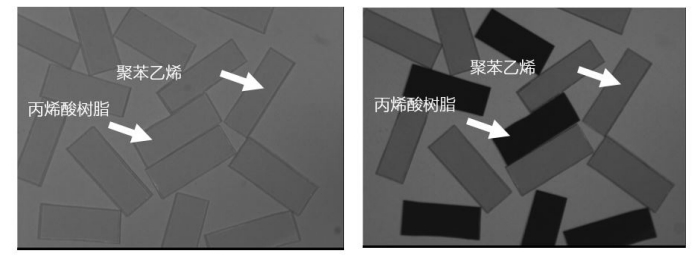 用UV光分拣丙烯酸树脂（PMMA）和聚苯乙烯(PS)（左为可见光，右为UV光）