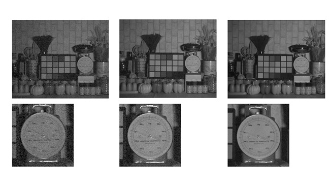 黑暗环境下的图像质量和噪点对比: 照明波长1450nm （左图：其他SSS产品，134万有效像素；中图：IMX992，选择HCG模式；右图：IMX992，选择HCG模式，启用DRRS）
