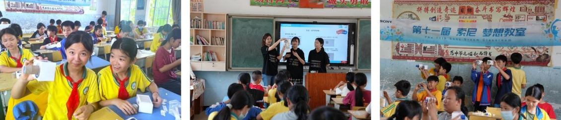 孩子们在大学生的指导下操作科学实验